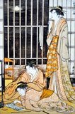 Torii Kiyonaga (鳥居 清長?, 1752 - June 28, 1815) was a Japanese ukiyo-e printmaker and painter of the Torii school. Originally Sekiguchi Shinsuke, the son of an Edo bookseller, he took on Torii Kiyonaga as an art-name (gō). Although not biologically related to the Torii family, he became head of the group after the death of his adoptive father and teacher Torii Kiyomitsu.<br/><br/>

The master Kiyomitsu died in 1785; since his son died young, and Kiyotsune, Kiyonaga's senior, was a less promising artist, Kiyonaga was the obvious choice to succeed Kiyomitsu to leadership of the Torii school. However, he delayed this for two years, likely devoting time to his bijinga and realizing the immense responsibility that would fall on his shoulders once he took over the school. Thus, in 1787, he began organizing the production of kabuki signboards and the like, which the school held a near monopoly on. He also began to train Kiyomitsu's grandson, Torii Kiyomine, who was to succeed him.<br/><br/>

Kiyonaga is considered one of the great masters of the full-color print (nishiki-e) and of bijinga, images of courtesans and other beautiful women. Like most ukiyo-e artists, however, he also produced a number of prints and paintings depicting Kabuki actors and related subjects, many of them promotional materials for the theaters. He also produced a number of shunga, or erotic images.